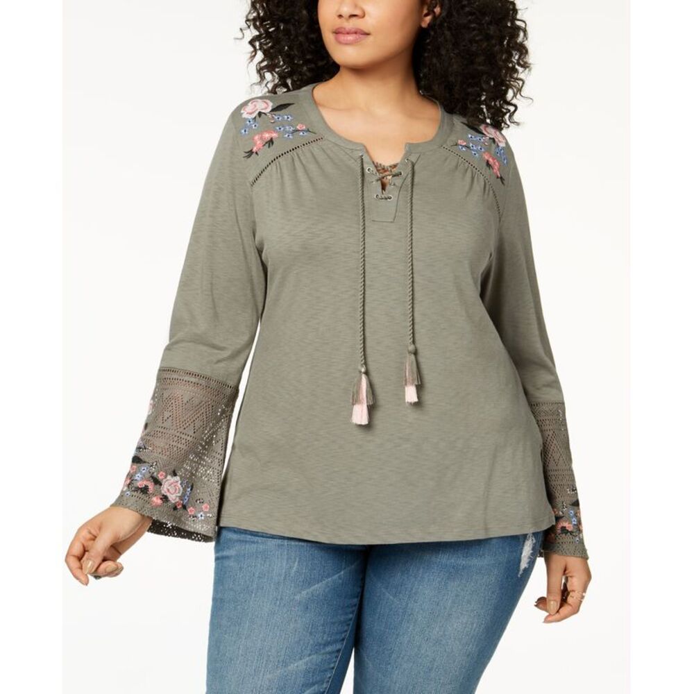 Style & Co Plus Size Embroidered Lantern Sleeve Peasant Top